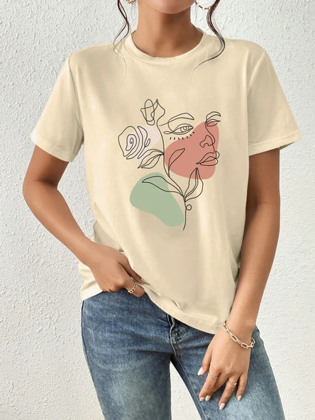 Portrait & Flower Baskılı Oversize Tshirt - Resim 5