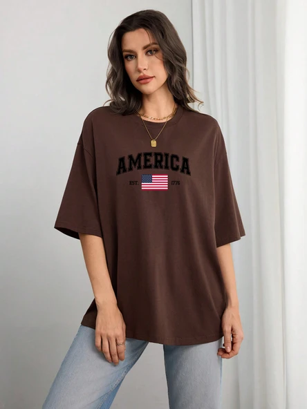 Unisex AMERICA Baskılı Baskılı Tasarım Tshirt - 9