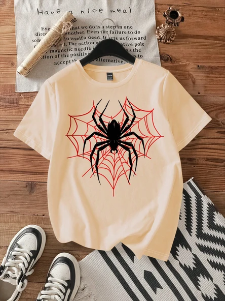 Unisex ÖRÜMCEK AĞLI Baskılı Oversize Tshirt - Resim 2