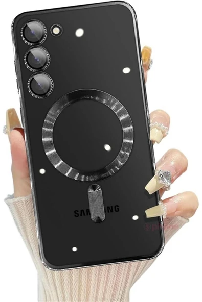 Galaxy S23fe Kılıf Magsafe Kablosuz Şarj Destek Lens Korumalı Metalik Kenar Renkli Şeffaf