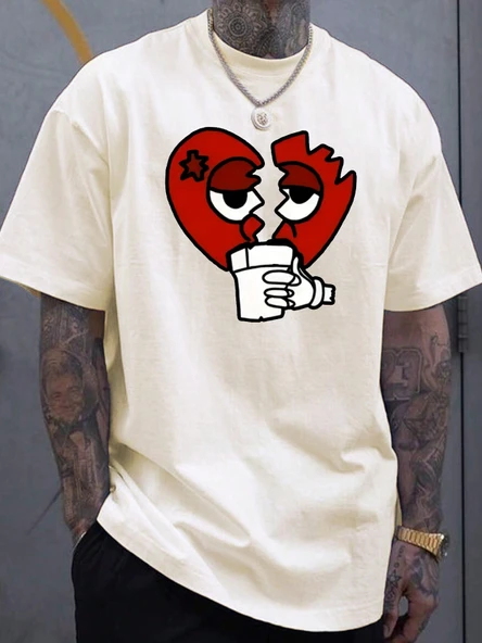 Unisex Kırık Kalp bardak Baskılı Oversize Tshirt - 11