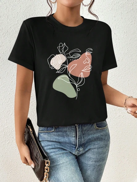 Portrait & Flower Baskılı Oversize Tshirt - Resim 2