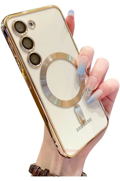 Galaxy S23fe Kılıf Magsafe Kablosuz Şarj Destek Lens Korumalı Metalik Kenar Renkli Şeffaf
