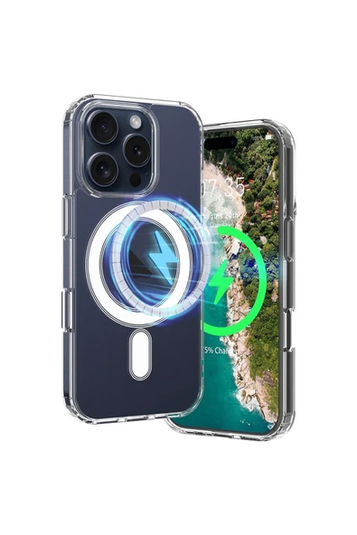 iPhone 16 Pro Max Uyumlu Kılıf Magsafe Wireless Kablosuz Şarj Destekli Sert Şeffaf Darbe Emici Kapak - 3