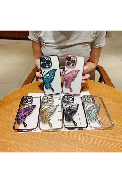 İphone 15 Pro Max Uyumlu kelebek desenli içi simli sulu şık kılıf kapak kamera kısmı kapalı - 4