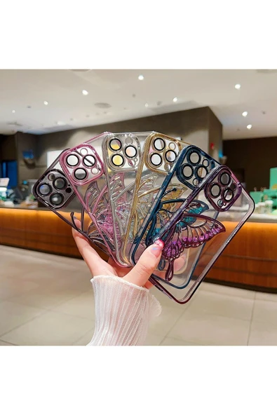 İphone 15 Pro Max Uyumlu kelebek desenli içi simli sulu şık kılıf kapak kamera kısmı kapalı - 3