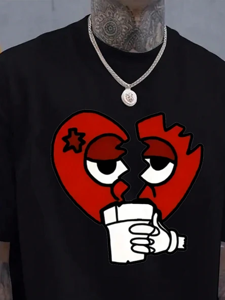 Unisex Kırık Kalp bardak Baskılı Oversize Tshirt - 7