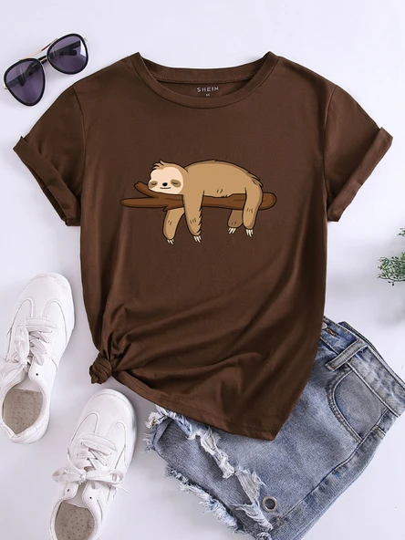 Unisex Dalda uUykuya Dalan Maymun Baskılı Oversize Tshirt