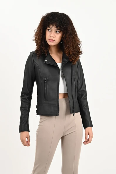 Liberty Siyah Biker Hakiki Deri Ceket Kadın