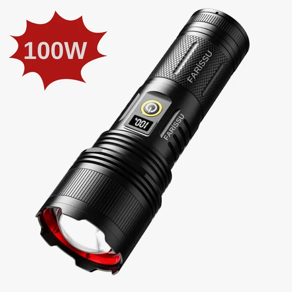 100W Şarjlı El Feneri – 7000 Lümen, 8800 mAh Pil, 2000m Menzil, Zumlanabilir, LCD Ekranlı