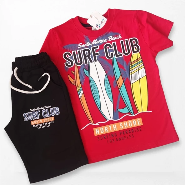 Surf Club Yazı Desenli Kırmızı Renk Şortlu Takım - 4
