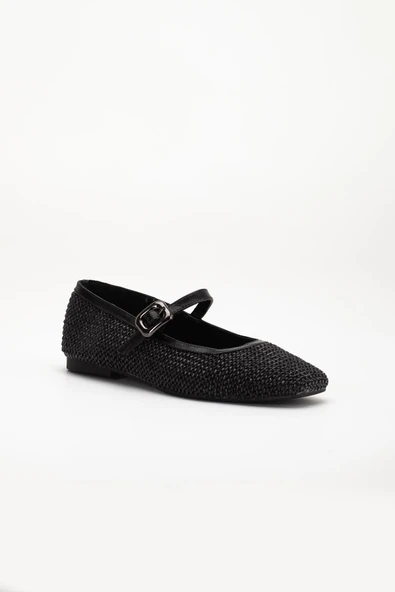 Kadın Babet Siyah Hasır Detaylı Baretli Küt Burun - Resim 4