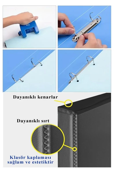 Siyah 4 Halkalı Klasör 2 Adet A5 PVC Öğrenci ve Ofis Tipi Evrak Sunum Klasörü İç Cepli Otomatik Mekanizmalı Büro Okul - 4