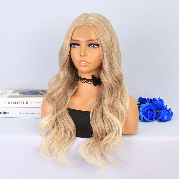 Platin Balköpüğü Röfleli Uzun Dalgalı Tül Peruk - Resim 3