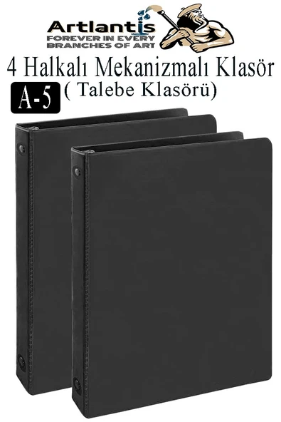 Siyah 4 Halkalı Klasör 2 Adet A5 PVC Öğrenci ve Ofis Tipi Evrak Sunum Klasörü İç Cepli Otomatik Mekanizmalı Büro Okul