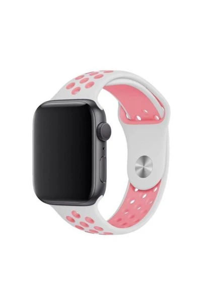 Watch 2 3 4 5 6 Silikon Delikli Spor Uyumlu  Kordon (38-40mm) (beyaz-pembe)