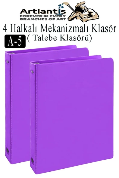 Mor 4 Halkalı Klasör 2 Adet A5 PVC Öğrenci ve Ofis Tipi Evrak Sunum Büro Klasörü İç Cepli Otomatik Mekanizmalı Büro