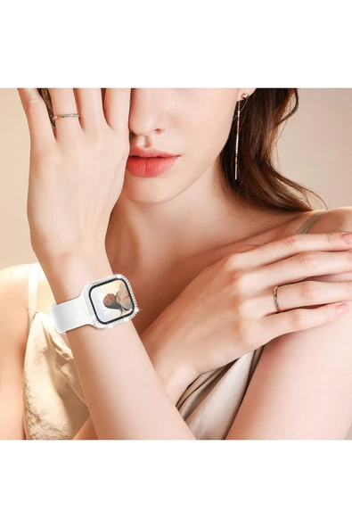 Apple Watch 1 2 3 4 5 6 7 8 9 Se Serisi Uyum 41mm Taşlı 360 Tam Koruma Şeffaf Silikon Kılıf - 5