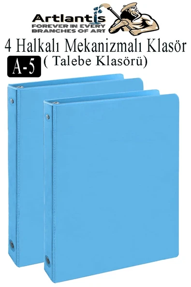 Açık Mavi 4 Halkalı Klasör 2 Adet A5 PVC Öğrenci ve Ofis Tipi Evrak Sunum Klasörü İç Cepli Otomatik Mekanizmalı Büro