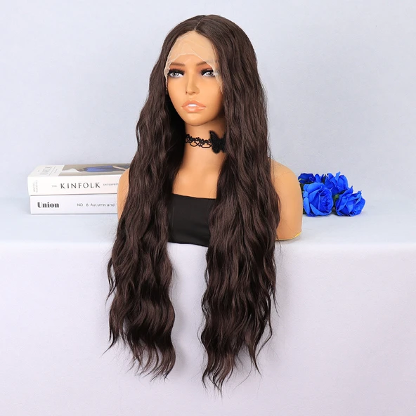 Koyu Kumral Dalgalı Uzun Boy Tül Peruk - Resim 3