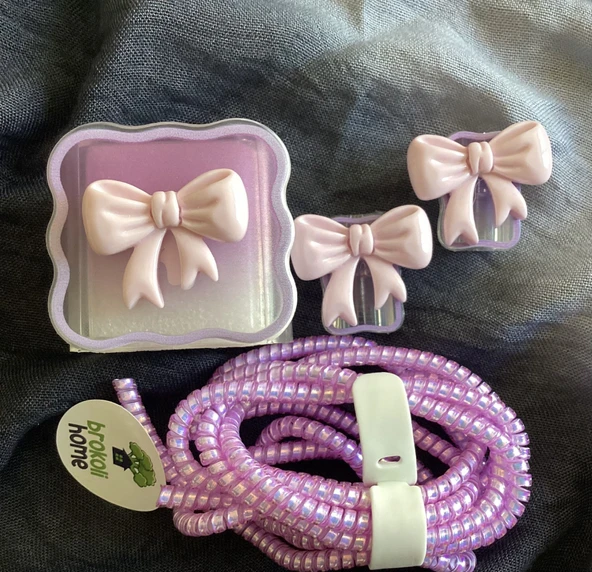 Brokoli Home iPhone 18W/20W Mor Pembe Fiyonk Uyumlu Şarj Kılıfı, Şarj Örme Aparatı, Kablo Koruyucu Aparatı,Kurdele - 2