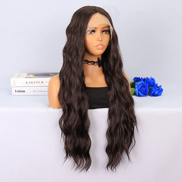 Koyu Kumral Dalgalı Uzun Boy Tül Peruk - Resim 2