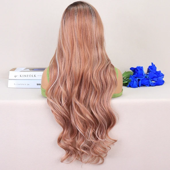 Kumral Beyaz Platin Röfleli Uzun Dalgalı Tül Peruk - Resim 4