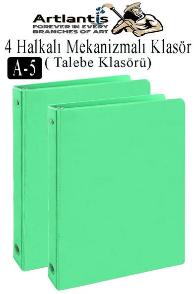 Açık Yeşil 4 Halkalı Klasör 2 Adet A5 PVC Öğrenci ve Ofis Tipi Evrak Sunum Klasörü İç Cepli Otomatik Mekanizmalı Büro