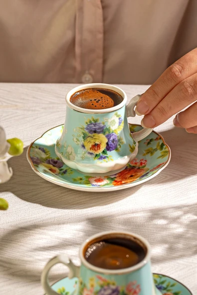 Nehir masal porselen kahve fincan takımı seti  6 kişilik