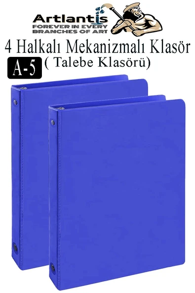 Mavi 4 Halkalı Klasör 2 Adet A5 PVC Öğrenci ve Ofis Tipi Evrak Sunum Klasörü İç Cepli Otomatik Mekanizmalı Büro Okul