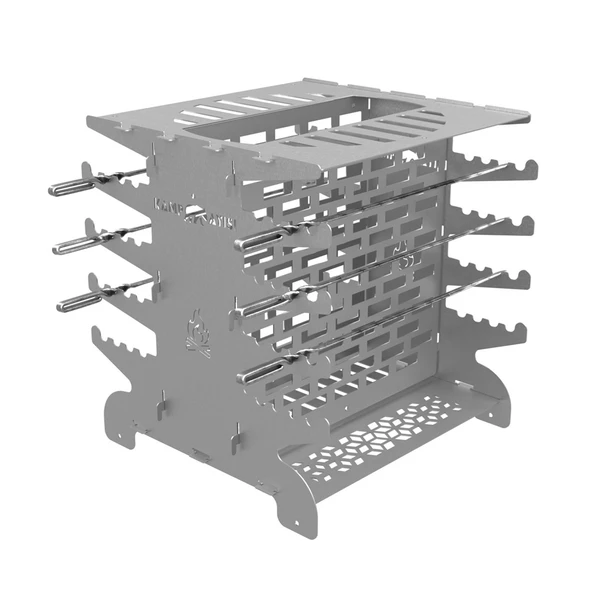 Kamp Ayısı® 2mm Galvaniz Metal GrillSpett™ Çift Taraflı Dikey Şiş Mangal Izgarası - 6 Şiş Hediyeli, Özel Taşıma Çantalı