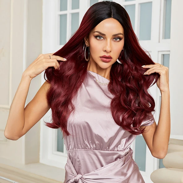 Siyah / Kızıl Ombreli Hafif Dalgalı Tül Peruk - Resim 3