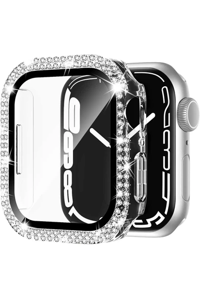 Apple Watch 1 2 3 4 5 6 7 8 9 Se Serisi Uyum 41mm Taşlı 360 Tam Koruma Şeffaf Silikon Kılıf