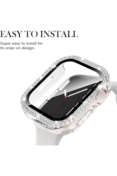 Apple Watch 1 2 3 4 5 6 7 9 Se Serisi Uyum 45mm Taşlı 360 Tam Koruma Şeffaf Silikon Kılıf - 4