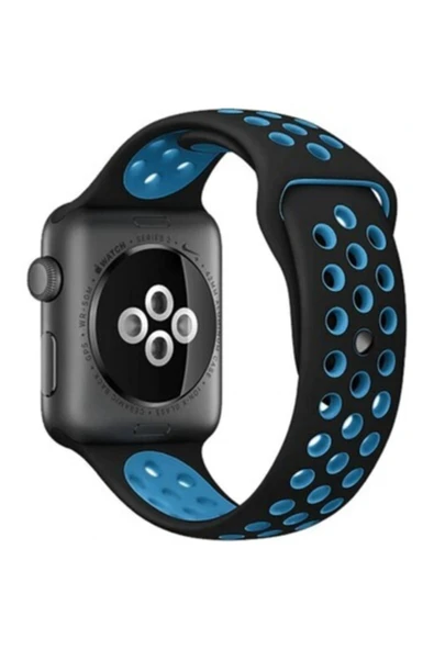 Watch 2 3 4 5 6 Silikon Delikli Spor Kordon (38-40mm) (siyah-mavi)