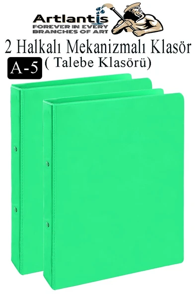 Açık Yeşil 2 Halkalı Klasör 2 Adet A5 PVC Öğrenci ve Ofis Tipi Evrak Sunum Talebe Büro Klasörü İç Cepli Otomatik Mekaniz