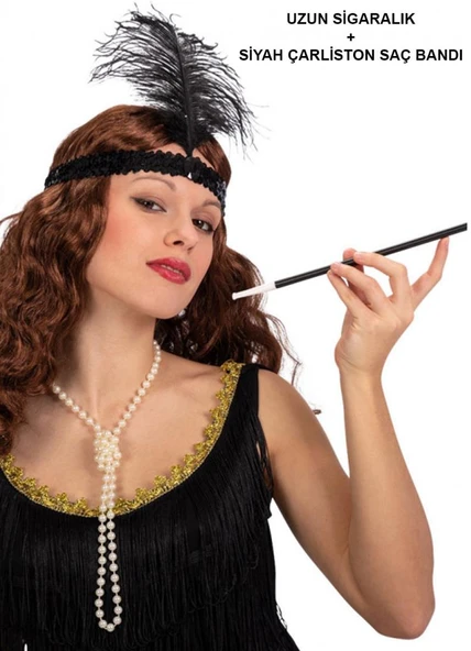 Nessiworld 1920'ler Gatsby Aksesuar Seti – Siyah Charleston Saç Bandı & Sigaralık
