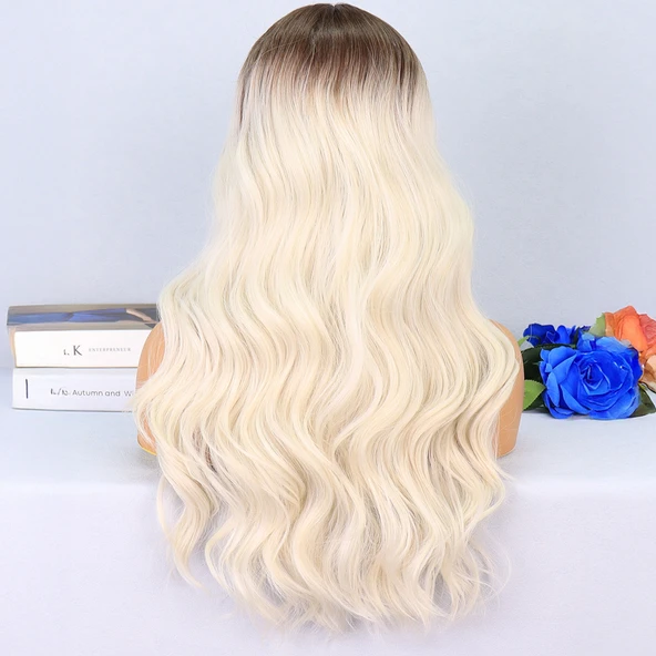 Koyu Kumral / Beyaz Platin Ombreli Su Dalgalı Tül Peruk - Resim 4