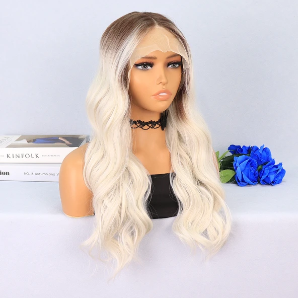 Koyu Kumral / Beyaz Platin Ombreli Su Dalgalı Tül Peruk - Resim 2