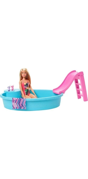 ve Eğlenceli Havuzu, 30 cm Boyunda, Sarışın Barbie Bebek ile Kaydıraklı Havuz Oyun Seti ve Aksesuarl