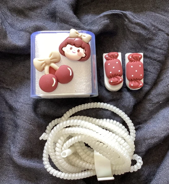 Brokoli Home iPhone 18W/20W Kiraz Desenli Uyumlu Şarj Kılıfı, Şarj Kablosu Örme Aparatı, Kablo Koruyucu Aparatı,KK