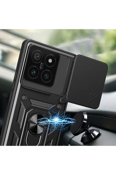 Xiaomi 14T Pro Kılıf Sürgülü Tank Zırh Yüzüklü Mıknatıslı Standlı Kapak (S-VEGA) - Resim 5