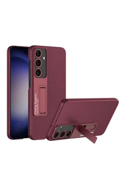 Samsung Galaxy S24 Plus Kılıf Standlı Karbon Fiber ve Suni Deri Görünümlü Şık Yüzey Kapak