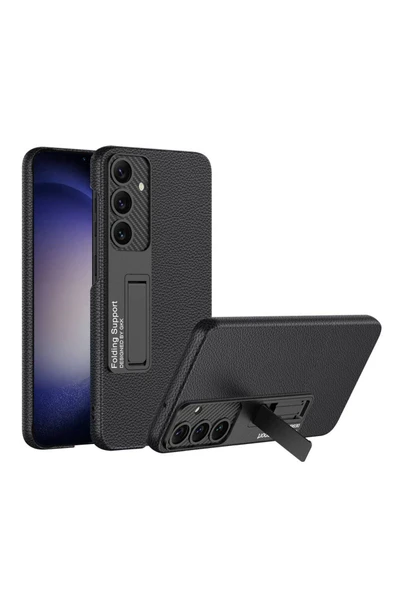 Samsung Galaxy S24 Plus Kılıf Standlı Karbon Fiber ve Suni Deri Görünümlü Şık Yüzey Kapak - 2