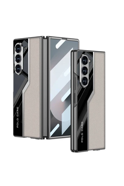 Samsung Galaxy Z Fold 6 Kılıf Ultra İnce Kamera Korumalı PC + Deri Arka Yüzeyli Kapak (Poligan)