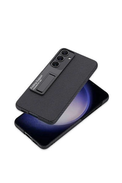 Samsung Galaxy S24 Plus Kılıf Standlı Karbon Fiber ve Suni Deri Görünümlü Şık Yüzey Kapak - 3