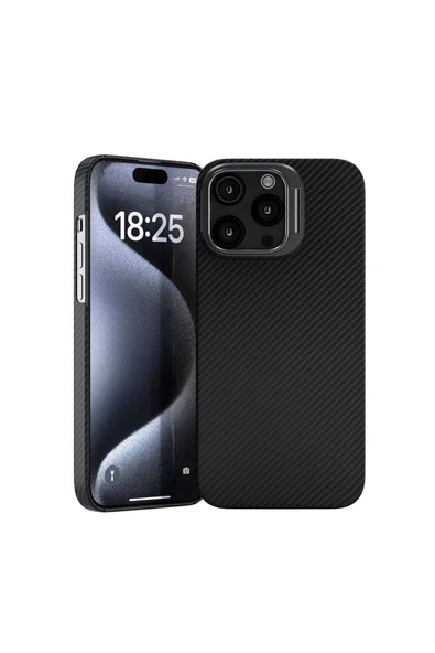 Apple iPhone 15 Pro Max Kılıf Magsafe Şarj Özellikli 600D Kevlar Karbon Standlı Kapak (Krek) - Resim 2