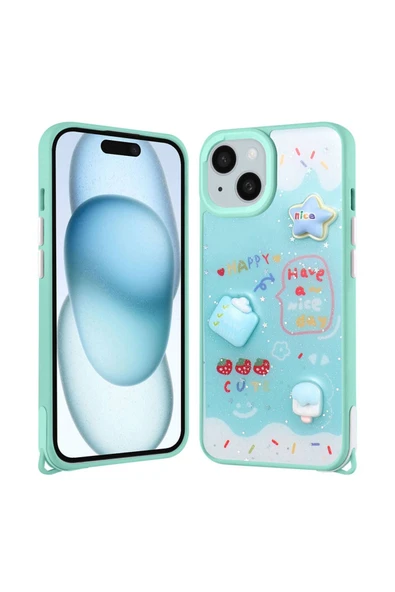 Apple  iPhone 15 Plus Kılıf Parlayan Sıvılı Simli Kabartma Figürlü Kapak (Cevze) - Resim 2