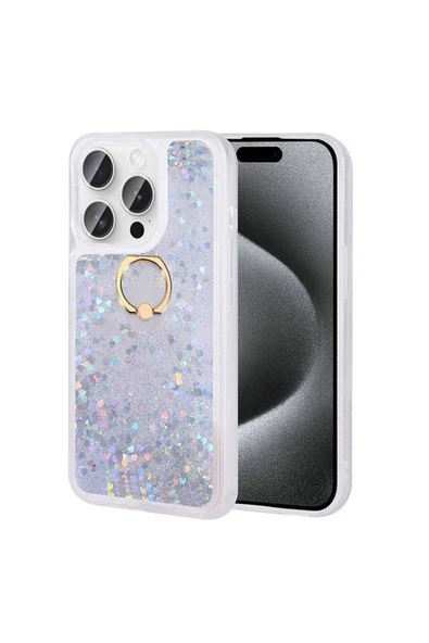Apple iPhone 15 Pro Max Kılıf Sıvılı Akışkanlı Desenli Simli Yüzüklü Silikon Kapak (MİLCE) - Resim 2