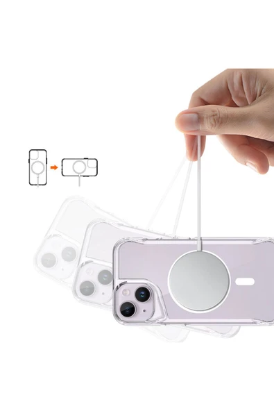 iPhone 15 Kılıf Magsafe Kamera Yükseltili Şeffaf Ultra Koruma Sert Kapak (T-Max-mag) - Resim 3
